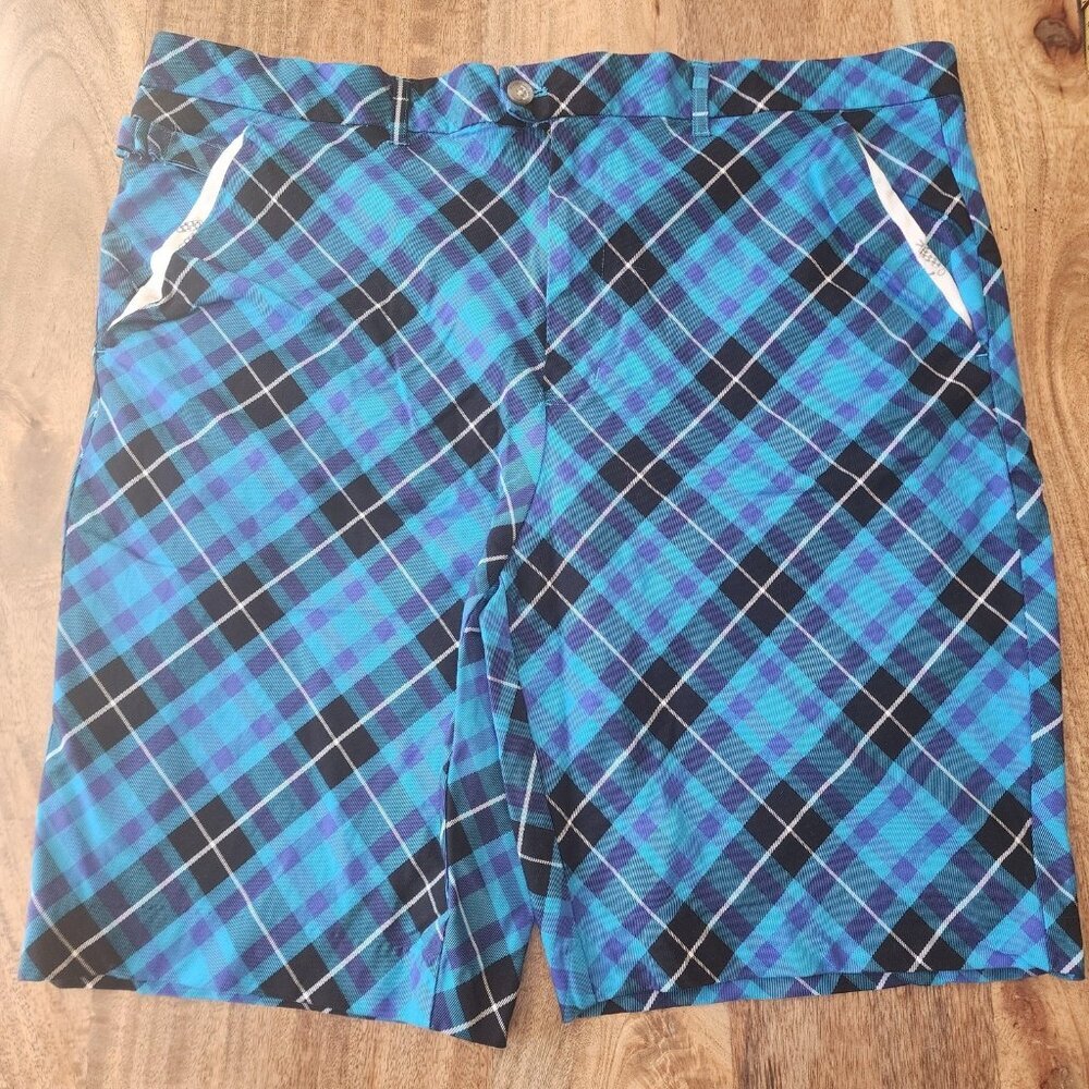 Royal & Awesome Shorts Mens 44 Blue Black Plaid Tartan Golf Flat Front Stretch